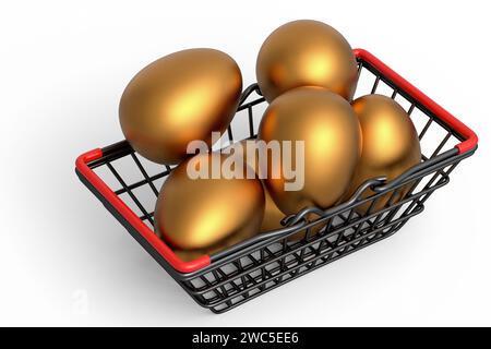 Luxuriöse Goldeier in Metallkorb oder Papierkarton isoliert auf weißem Hintergrund. 3D Darstellung des Osterkonzepts oder Hühnereier für Omelett oder Rührei Stockfoto