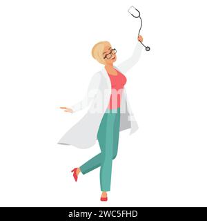 Glückliche Ärztin mit Stethoskop. Erregter Krankenhausarbeiter in der Garderobe Uniform Cartoon Vektor Illustration Stock Vektor