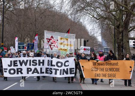 London, Großbritannien. Januar 2024. Mitglieder der jüdischen Gemeinde nehmen an einem Globalen Aktionstag Teil, um einen sofortigen Waffenstillstand in Gaza zu fordern. Der marsch von London nach Westminster wurde von der Palästinensischen Solidaritätskampagne, der Stop the war Coalition, den Friends of Al-Aqsa, der Muslimischen Vereinigung Großbritanniens, dem Palästinensischen Forum in Großbritannien und der CND organisiert. Quelle: Mark Kerrison/Alamy Live News Stockfoto