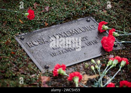 Berlin, Deutschland. Januar 2024. Blick auf das Grab Rosa Luxemburgs zum schweigenden Gedenken an Rosa Luxemburg und Karl Liebknecht zum 105. Jahrestag ihrer Ermordung an der sozialistischen Gedenkstätte Berlin-Friedrichsfelde. Quelle: Jörg Carstensen/dpa/Alamy Live News Stockfoto