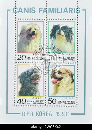 Souvenirbogen mit gestempelter Briefmarke von Nordkorea, die Hunde zeigen, um 1990. Stockfoto