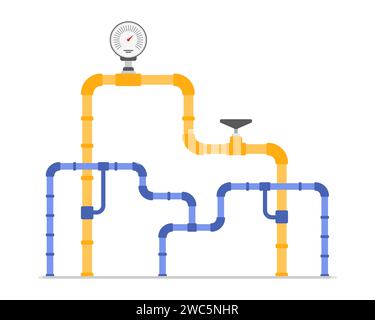 Rohrleitungssystem für die Öl- und Gasindustrie mit Druckregelung und Messgerät, Leckprüfung. Gelbe und blaue Stahlrohre mit Ventil, petrochemische Anlagen Ausrüstung Cartoon Vektor Illustration Stock Vektor