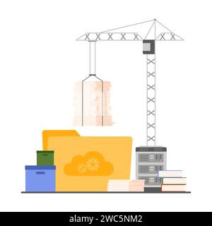 Verwaltung digitaler Dateien, Online-Organisation und Speicherung auf Servern. Baukran Transfer Stapel von Büropapierdokumenten in Ordner und Kasten mit Archiven Cartoon Vektor Illustration Stock Vektor