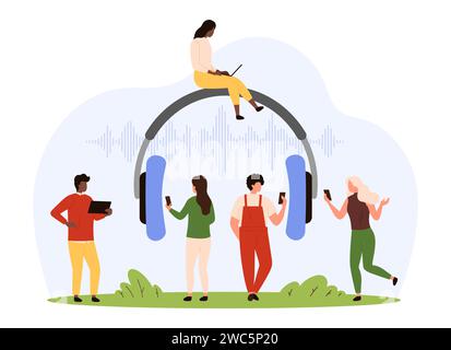 Audio-Online-Service-App. Winzige Menschen mit Mobiltelefonen hören Radio-Podcast, Musik und Stimme in der Nähe von riesigen Kopfhörern, glückliche Charaktere genießen Klangwellen und Streaming-Comic-Vektor-Illustration Stock Vektor