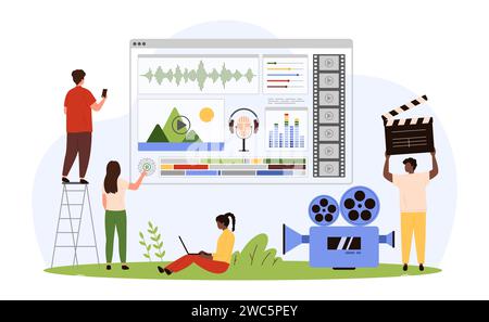 Mobile App für Videobearbeitungssoftware. Winzige Leute bearbeiten Filme, Ersteller steuern Sound, Videoeinstellungen und visuelle Zeitachse im Fenster eines professionellen Editors, erstellen Online-Comic-Vektor-Illustration Stock Vektor