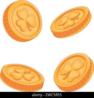 Sammlung mit goldenen Münzen mit Blattklee. St. Patricks-Tagessymbol. Vektorabbildung Stock Vektor