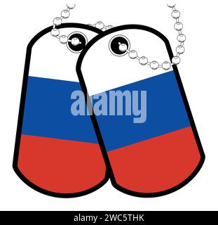 Ein Paar russische Militärhundetiketten mit Kette auf weißem Hintergrund, die die russische Nationalflagge zeigen Stock Vektor