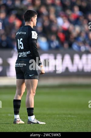 The Recreation Ground, Bath, UK. Januar 2024. Investec Champions Cup Rugby, Bath Rugby versus Racing 92; Max Spring of Racing 92 sieht einen Scrum Credit: Action Plus Sports/Alamy Live News Stockfoto