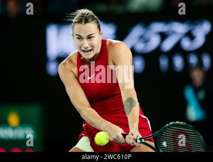 Melbourne, Australien. Januar 2024. Tennis: Grand Slam - Australian Open, Damen Singles, 1. Runde. Seidel (Deutschland) - Sabalenka (Weißrussland). Aryna Sabalenka ist in Aktion. Frank Molter/dpa/Alamy Live News Stockfoto