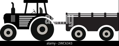 Traktorsymbol mit Trolley Schwarz-weiß-Vektor, Fahrzeug für Landwirtschaft, Landwirtschaftsfahrzeug, Warenträger Stock Vektor