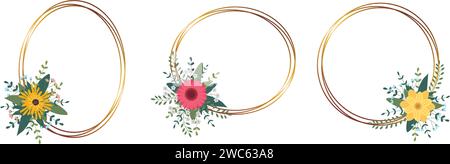 Set aus goldenem Kreisrahmen mit Anordnung. Perfekt für Hochzeitseinladungskarten, luxuriöse Vorlagen. Vektorabbildung. Stock Vektor