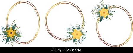 Set aus goldenem Kreisrahmen mit Anordnung. Perfekt für Hochzeitseinladungskarten, luxuriöse Vorlagen. Vektorabbildung. Stock Vektor