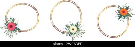 Set aus goldenem Kreisrahmen mit Anordnung. Perfekt für Hochzeitseinladungskarten, luxuriöse Vorlagen. Vektorabbildung. Stock Vektor