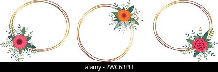 Set aus goldenem Kreisrahmen mit Anordnung. Perfekt für Hochzeitseinladungskarten, luxuriöse Vorlagen. Vektorabbildung. Stock Vektor