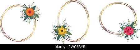 Set aus goldenem Kreisrahmen mit Anordnung. Perfekt für Hochzeitseinladungskarten, luxuriöse Vorlagen. Vektorabbildung. Stock Vektor