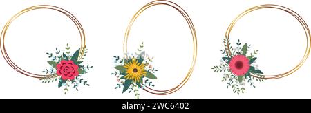 Set aus goldenem Kreisrahmen mit Anordnung. Perfekt für Hochzeitseinladungskarten, luxuriöse Vorlagen. Vektorabbildung. Stock Vektor
