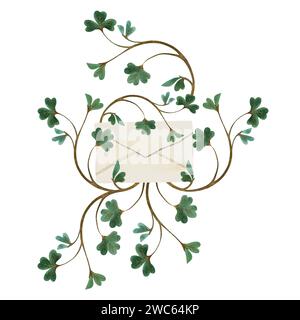 Briefumschlag aus weißem Papier mit grünem vierblättrigem Kleeblatt für St. Patrick's Day Einladung verwickelt mit Kleeblatt. Isolierte Aquarellillustra Stockfoto