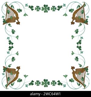 Gestell aus Kleebrügen mit Keltenharfen. Dekoration für St.. Patrick's Day. Isolierte Aquarellillustration auf weißem Hintergrund. Clipart Stockfoto