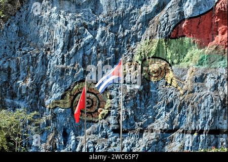 Detail, Mural de la Prehistoria, prähistorische Mauer, gemalt 1961 vom mexikanischen Künstler Leovigildo Gonzalez Morillo, Größe 120x180 Meter, Vinales Stockfoto