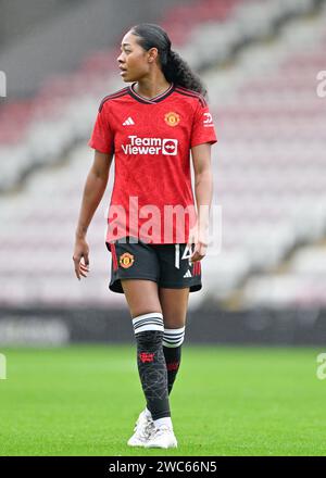 Leigh, Großbritannien. Januar 2024. Jayde Riviere von Manchester United Women, während des Vitality Women's FA Cup Matches Manchester United Women vs Newcastle United Women im Leigh Sports Village, Leigh, Vereinigtes Königreich, 14. Januar 2024 (Foto: Cody Froggatt/News Images) in Leigh, Vereinigtes Königreich am 14. Januar 2024. (Foto: Cody Froggatt/News Images/SIPA USA) Credit: SIPA USA/Alamy Live News Stockfoto