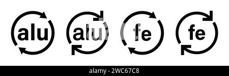 Symbolsatz für Recycling-Code aus Aluminium und Eisen. Symbolsatz für Recycling aus Metall. Kreisförmige Recycling-Symbole aus Eisen und Aluminium. Alu- und Fe-Recyclingcodes. Stock Vektor