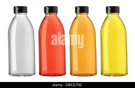 Set aus Saftflasche mit schwarzem Schraubdeckel isoliert auf weiß, Stockfoto