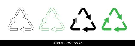 Dreieckige Recycling-Symbole in Grün und Schwarz mit Umrandung und Füllung. Symbolsatz für Recycling. Stock Vektor