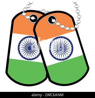 Ein Paar indischer Militärhundetiketten mit Kette auf weißem Hintergrund, die die indische Nationalflagge zeigen Stock Vektor