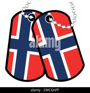 Ein Paar norwegischer Militärhundetiketten mit Kette auf weißem Hintergrund, die die norwegische Nationalflagge zeigen Stock Vektor