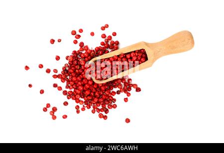 Nahaufnahme einer Holzschaufel voller roter Pfefferkörner, die verschüttet und verteilt wurden, isoliert auf weißem Hintergrund, erhöhte Draufsicht, direkt über dem Hotel Stockfoto