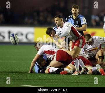 Cardiff, Großbritannien. Januar 2024. Danny Care, die ganze Hälfte der Harlequins in Aktion. Investec Champions Cup Rugby, Pool 2 Spiel, Cardiff Rugby gegen Harlequins im Cardiff Arms Park in Cardiff, Wales am Samstag, den 13. Januar 2024. bild von Andrew Orchard/Andrew Orchard Sportfotografie/Alamy Live News Credit: Andrew Orchard Sportfotografie/Alamy Live News Stockfoto