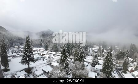 Eine erhöhte Perspektive fängt die malerische Schönheit einer charmanten kleinen Stadt ein, eingebettet in majestätische schneebedeckte Berge und üppige Bäume Stockfoto