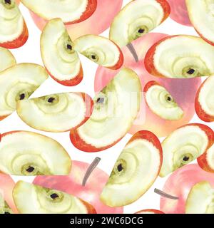 Nahtloses Aquarellmuster mit Reifen, saftigen, roten Äpfeln. Ein Obst- und Gartenhintergrund mit handgezeichneten Aquarellbildern. Für Designer, Postc Stockfoto