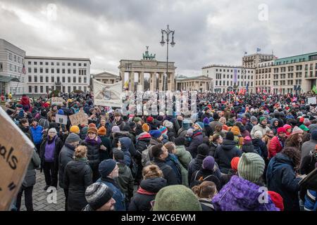 14. Januar 2024, Berlin, Deutschland: In einer beispiellosen Solidaritätsbekundung erwiderten die Straßen Berlins am 14. Januar 2024 den Stimmen von 25.000 Demonstranten, die sich am Pariser Platz im Schatten des legendären Brandenburger Tors versammelten. Die Demonstration, die von Fridays for Future Berlin organisiert und von einer umfassenden Koalition aus zivilgesellschaftlichen Gruppen, NGOs und Aktivisten unterstützt wurde, markierte einen entscheidenden Standpunkt gegen Rechtsextremismus und eine unerbittliche Verteidigung demokratischer Werte. Unter dem Motto „Wir stehen zusammen“ war eine direkte Reaktion auf die erschreckenden Ergebnisse eines Untersuchungsberichts von Stockfoto