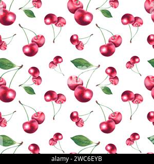 Nahtloses Aquarellmuster mit Reifen, saftigen, roten Kirschen. Ein Obst- und Gartenhintergrund mit handgezeichneten Aquarellbildern. Für Designer, Pos. Stockfoto