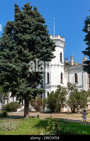 SHAROVKA, UKRAINE - 24. JULI 2021: Dies ist ein Turm eines erhaltenen Herrenhauses im neogotischen Stil (Ende des 19. Jahrhunderts) Stockfoto