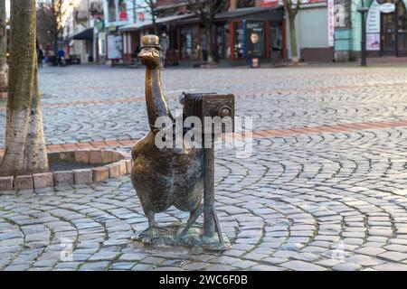 MUKATSCHEWO, UKRAINE - 17. MÄRZ 2023: Dies ist eine Bronzestuppe einer Fotografengans im historischen Zentrum der Stadt. Stockfoto