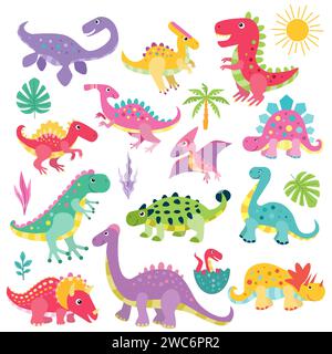 Set mit niedlichen prähistorischen Dinosauriern. Tiere der Antike. Isoliert auf weißem Hintergrund. Für Kinderdesign von Prints, Postern, Aufklebern, p Stock Vektor