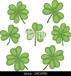 Sammlung von Kleeblättern mit drei und vier Blüten, viel Glück, Symbol für St. patricks-Tag Stock Vektor
