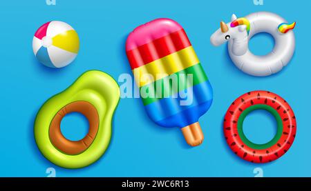 Pool schwimmt. Aufblasbarer 3D-Ball am Sommerstrand. Wasserschlauch und Obst. Draufsicht. Meeresring und Donut. Aufgeblasenes Eis. Wassermelonen- und Avocadoformen. Sicherheitsschwimmen. Vektor-Renderelemente festgelegt Stock Vektor