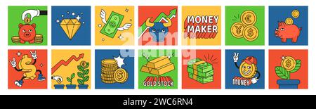 Geldaufkleber. Zeichentrickfiguren, Zitat, Münzen oder Dollar in Bank, Finanzeinzug. Retro-Charaktere mit lächelnden Gesichtern. Bankplakate. Vektorillustration, Kartendesign Stock Vektor