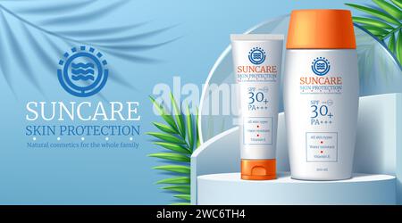 3D-Sonnencreme. Sommer-Hautpflege-Werbespot für beide Phasen. Werbung für kosmetische Produkte. Orangefarbene Sonne und Schatten. Palmblätter. UV-Blockpflege am Strand. Sonnencreme mit Feuchtigkeitscreme. Vektorwerbung Bannerdesign Stock Vektor