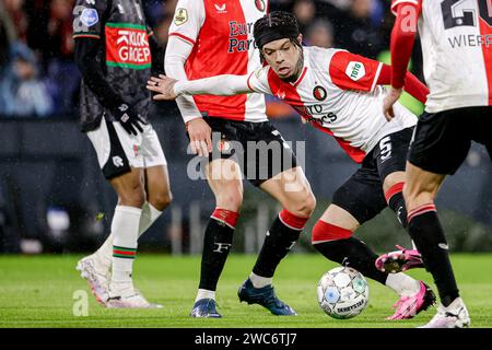 Rotterdam, Nederland. Januar 2024. ROTTERDAM, NEDERLAND - 14. JANUAR: Quilindschy Hartman of Feyenoord während des niederländischen Eredivisie-Spiels zwischen Feyenoord und NEC Nijmegen im Stadion Feijenoord am 14. Januar 2024 in Rotterdam, Nederland. (Foto: Broer van den Boom/Orange Pictures) Credit: Orange Pics BV/Alamy Live News Stockfoto