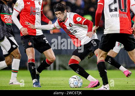 Rotterdam, Nederland. Januar 2024. ROTTERDAM, NEDERLAND - 14. JANUAR: Quilindschy Hartman of Feyenoord während des niederländischen Eredivisie-Spiels zwischen Feyenoord und NEC Nijmegen im Stadion Feijenoord am 14. Januar 2024 in Rotterdam, Nederland. (Foto: Broer van den Boom/Orange Pictures) Credit: Orange Pics BV/Alamy Live News Stockfoto