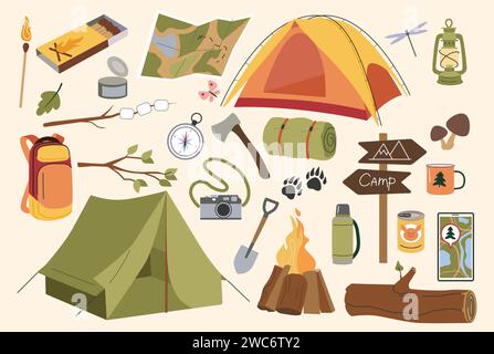 Camp-Symbole. Sommer Campingplatz Gegenstände Zelt, Wanderrucksack und Ausflug Feuer, Überleben, Abenteuer Ausrüstung, Outdoor Wochenende, isolierte Elemente. Freizeitgeräte für Reisen. Vektor-Zeichentrick flache Illustration Stock Vektor