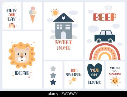 Cute baby prints. Boho animals, bear or lion and rainbow for boy nursery decor, scandinavian birthday elements. Simple drawing childish elements, car and house with phrases. Vector graphic design Stock Vektor