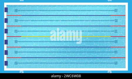 Swimmingpool. Blaue Wasserspur für Wettkämpfe. Draufsicht. Sommersport oder Fitness. Blaue Linie und grafische Spritzer. Wassersportübungen. Schwimmermeisterschaft. Rennen in Aqua. Vektorhintergrund Stock Vektor