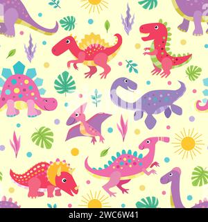 Nahtloses Muster mit lustigen farbigen Dinosauriern auf gelbem Hintergrund. Für Kindertextilien, Tapeten, Geschenkpapier, Drucke, Poster, Scrapboo Stock Vektor