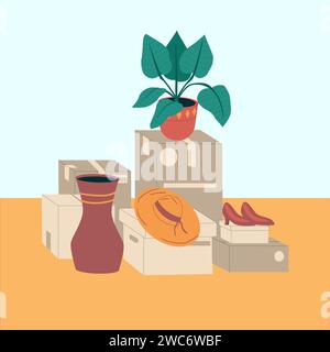 Bewegliche Boxen. Familienumzug. Papppakete stapeln. Lieferservice. Frachttransport. Alles im Zimmer zu Hause. Die Waren werden in eine neue Wohnung verlegt. Kartonbehältergruppe Stapel. Vektorkonzept Stock Vektor