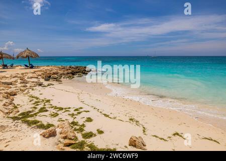 Wunderschöner Blick auf das blaue Wasser der Karibik auf der Insel Aruba, mit Sandstrand ausgestattet mit Sonnenschirmen aus Palmblättern. Stockfoto